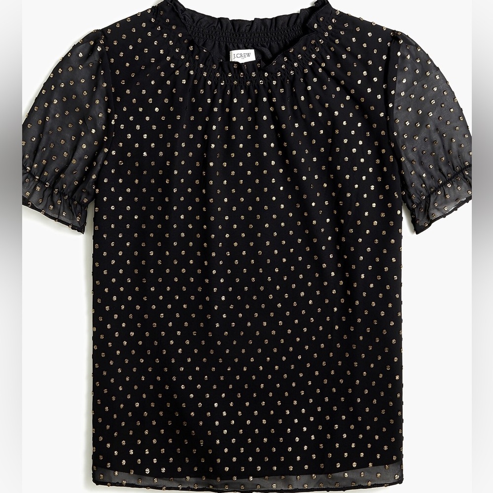 J. Crew Black Blouse with Metallic Gold Dot Pattern. Size Large